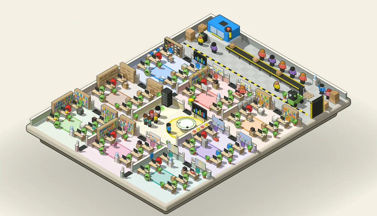 3D office as a game scene: AI agents from the Sophera logo work at the desks while people run the control room and the hall